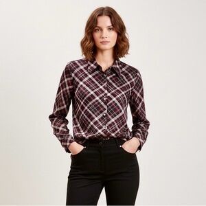 Calvin Klein Purple Plaid Satin Blouse with Gold buttons size M